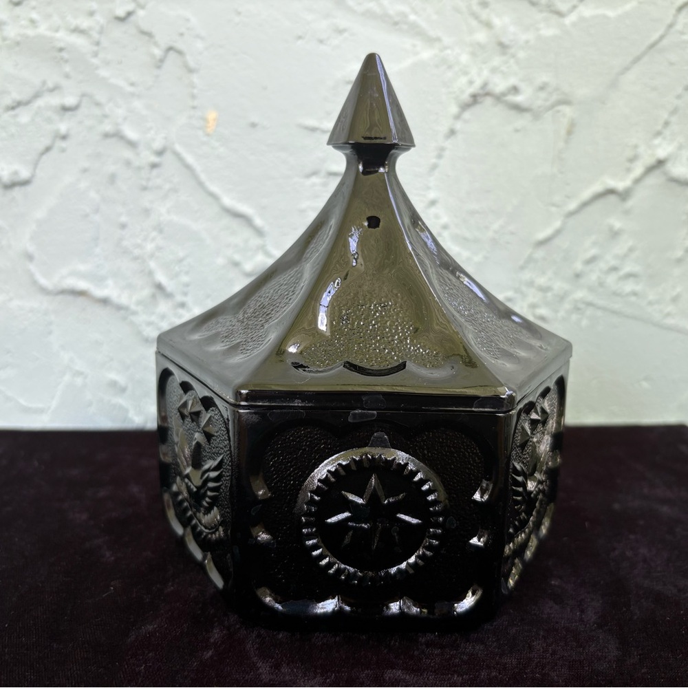 INDIANA Black Amethyst Glass Colonial Hexagonal Lidded Dish - Picture 2 of 6